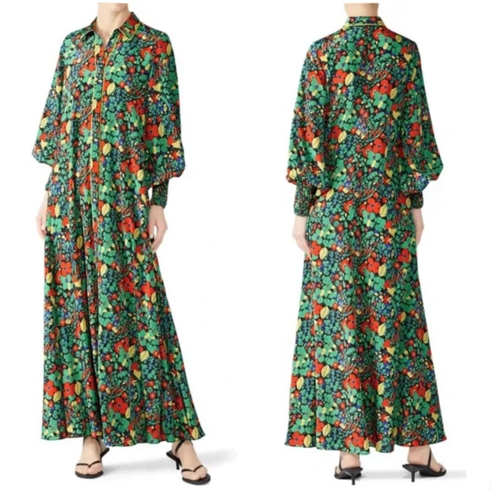 ALEXIS RED GREEN BLACK FLORAL PRINT COLLARED BUTTON UP HIROKA ROBE MAXI DRESS - Picture 10 of 16